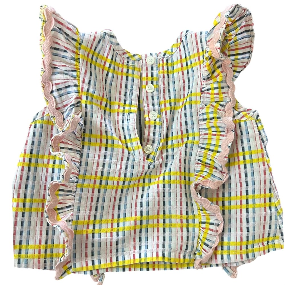 Toddler Girls Plaid Ruffle Flutter Sleeve Top Rickrack Trim Multi Color Blouse